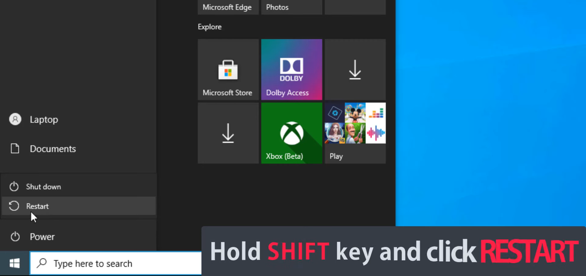 to enter the safe mode hold the Shift key while selecting Restart from the login screen 