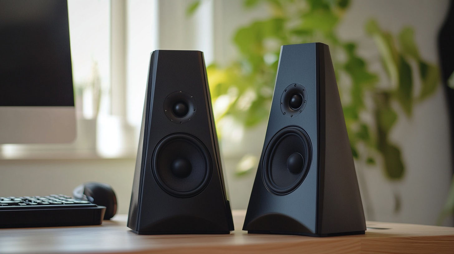 Two sleek black desktop speakers positioned on a wooden desk next to a computer monitor, set in a well-lit room with green plants in the background