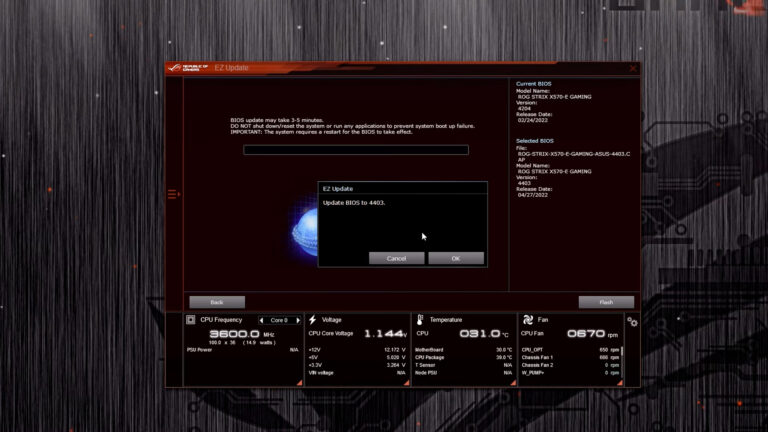 Screenshot of the BIOS update process on an ASUS ROG STRIX X570-E GAMING motherboard