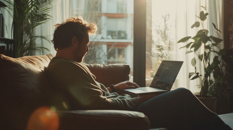 
The Image Shows a Person Sitting on A Couch with A Laptop, Backlit by Sunlight Streaming Through a Large Window, Highlighting a Calm, Relaxed Setting